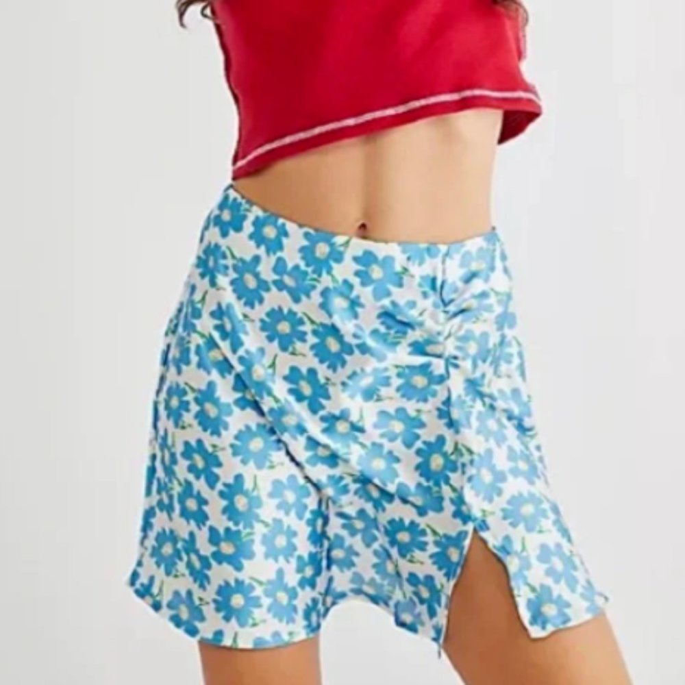 NWT Free People Jessie Satin Slip Mini Skirt In Blue Floral - Size 8